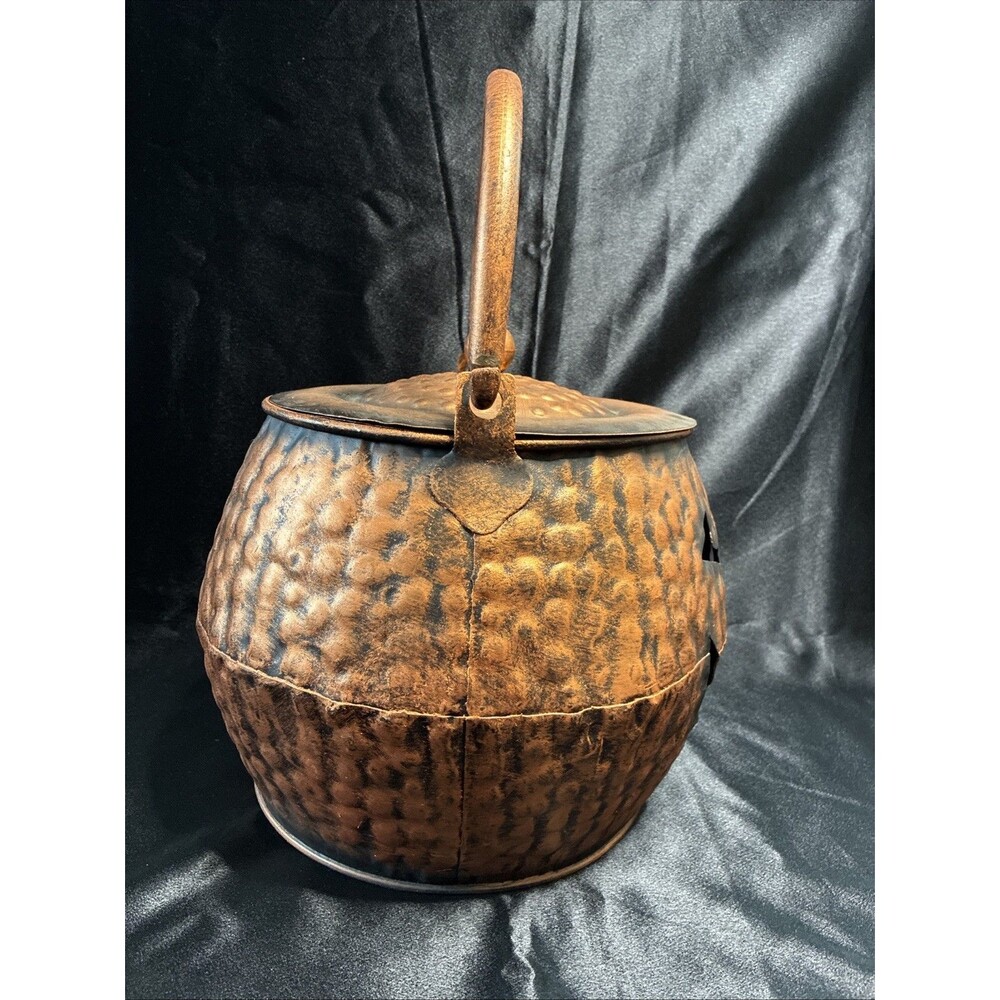 Hammered Copper JackoLantern Metal Bucket & Lid Halloween Pumpkin Candy Cauldron - Picture 12 of 14